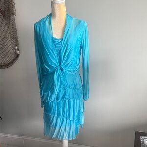 Elegant Blue Layered Dress with Shawl